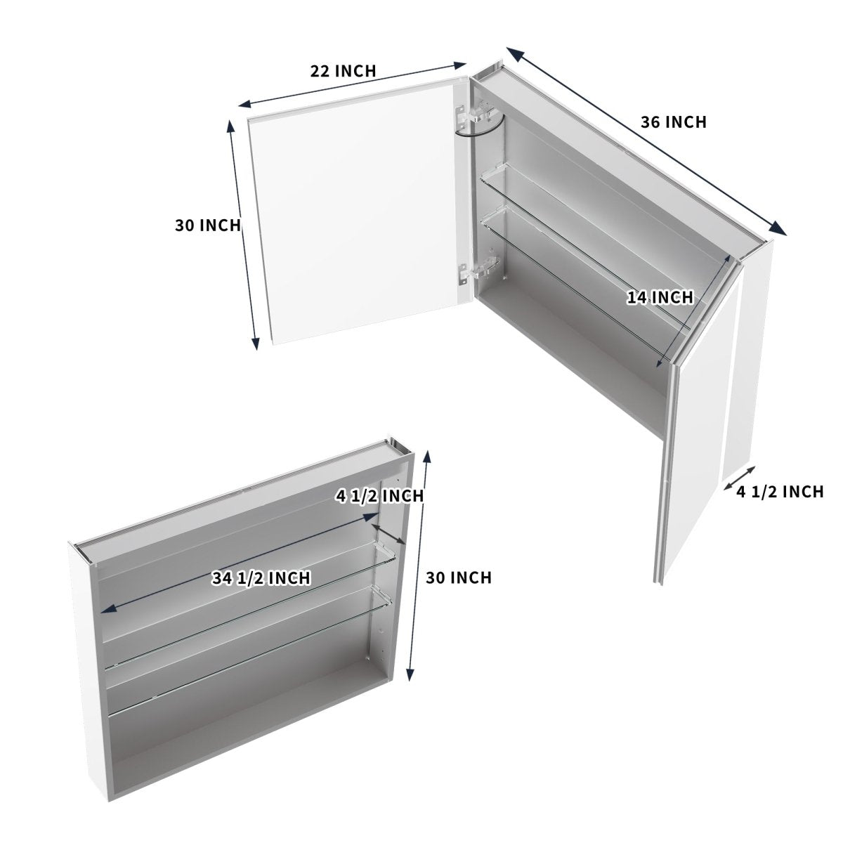 ExBrite 36"W x 30"H LED Medicine Cabinet with Anti-Fog, Stepless Color Temperature and Dimming, Adjustable Shelves, Aluminum Frame, Recessed or Surface Mount - ExBriteUSA
