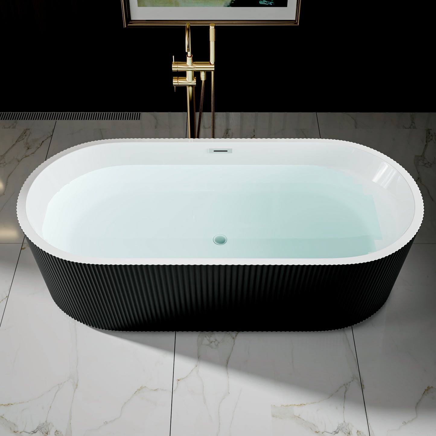 WSP-NK Exbrite 67' Acrylic Freestanding Bathtub, Unique Pleated Design, Glossy Black, Brushed Nickel Overflow and Pop-Up Drain, cUPC Certified