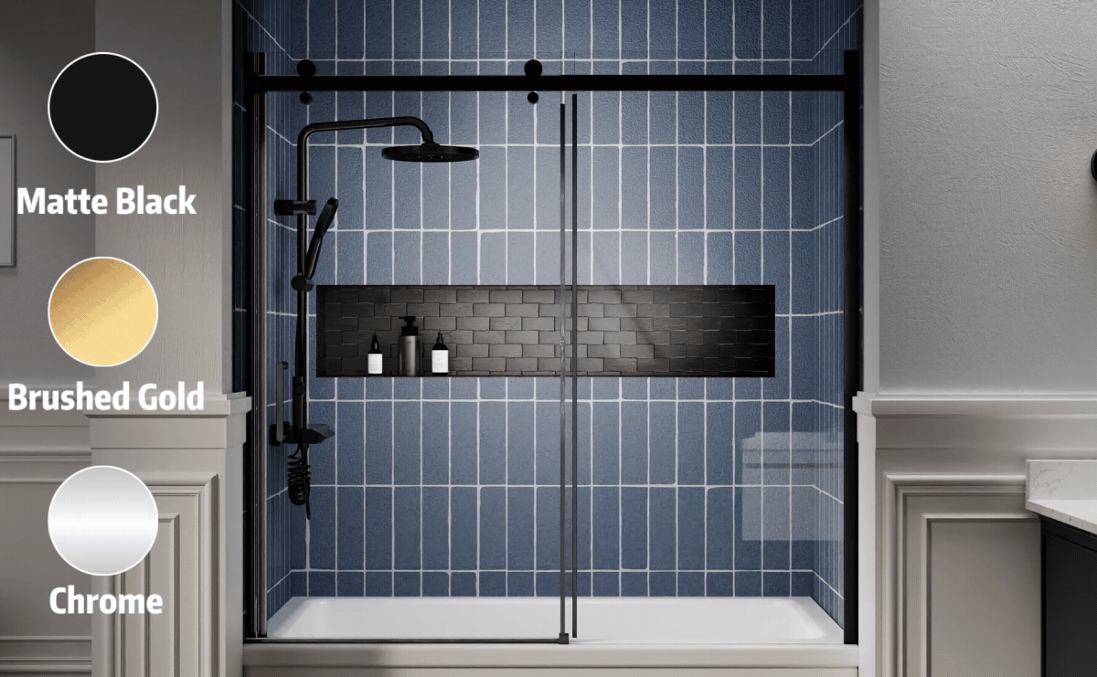 Zephyr 56-60" Semi-Frameless Single Sliding Tub Door,Matte Black,Bypass Bathtub Shower Tempered Glass Door with Explosion-Proof Film