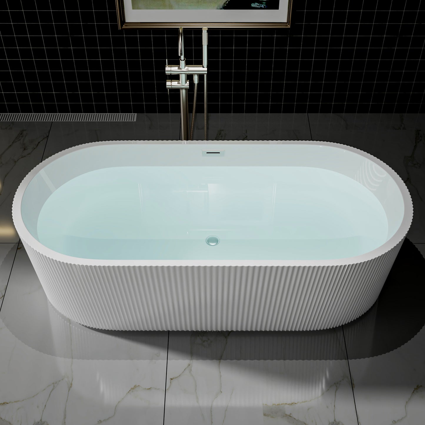 WSP-NK Exbrite 67' Acrylic Freestanding Bathtub, Unique Pleated Design, Glossy White, Brushed Nickel Overflow and Pop-Up Drain, cUPC Certified