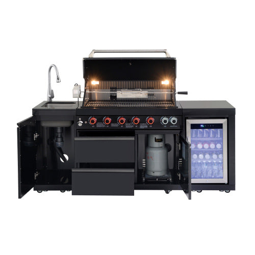 Outdoor Kitchen Island 82.5 Inch 6 Burner Propane Gas BBQ Grill 83500 BTU 304 Stainless Steel Black Color With CSA, ETL Certification + Sink + Refrigerator