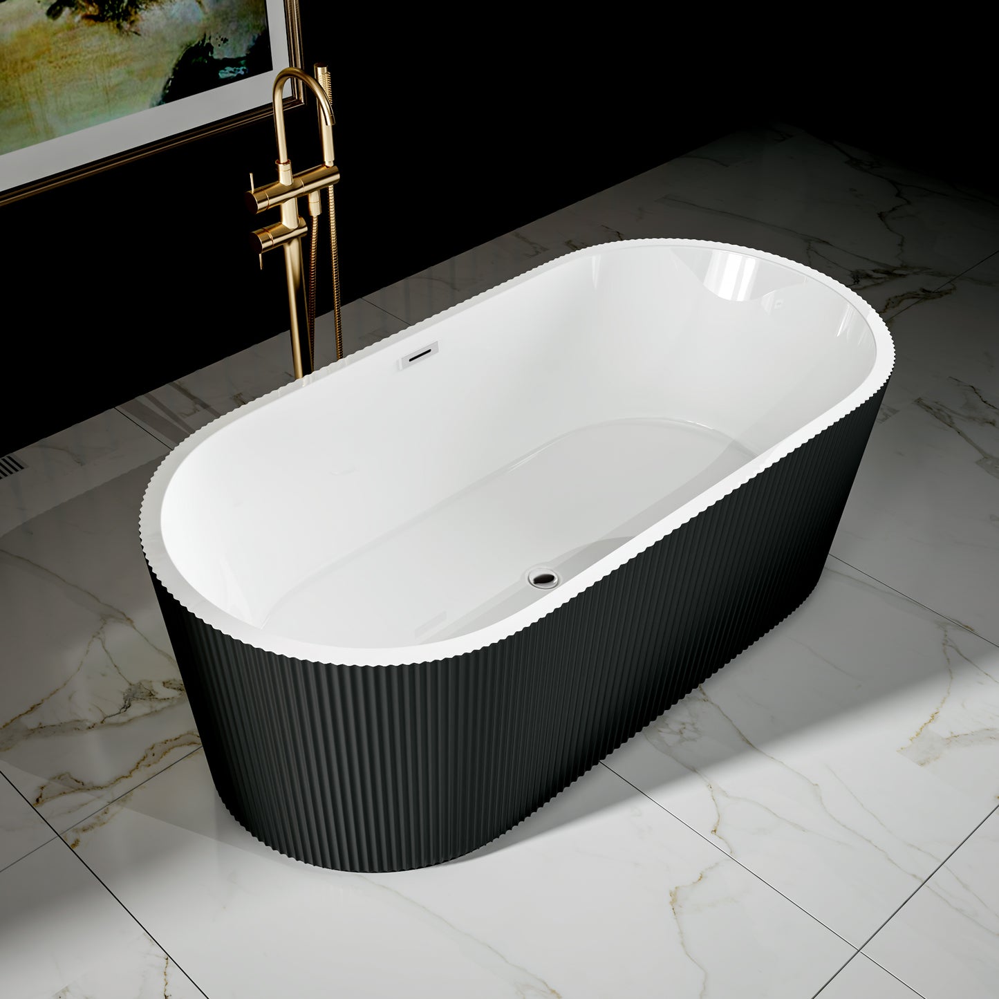 WSP-CH Exbrite 59' Acrylic Freestanding Bathtub, Unique Pleated Design, Glossy black, Chrome Overflow and Pop-Up Drain, cUPC Certified