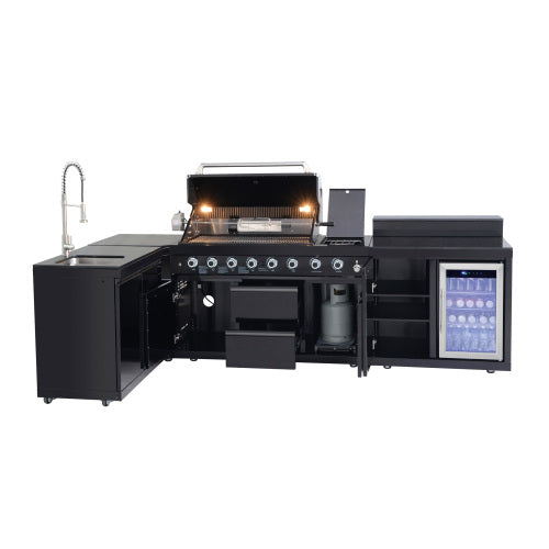 Outdoor Kitchen Island 95.8 Inch 6+1 Burner Propane Gas BBQ Grill 95500 BTU 304 Stainless Steel Black Color With CSA, ETL Certification + Sink + Refrigerator + Bar Table