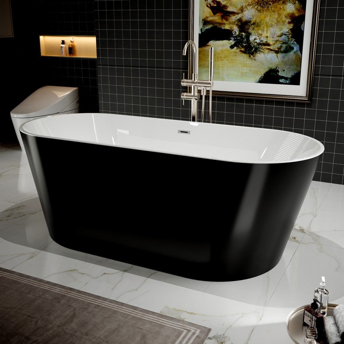 PY Exbrite 67" Acrylic Freestanding Bathtub-Acrylic Soaking Tubs, Oval Shape Black Freestanding Bathtub With Chrome Overflow and Pop Up Drain,cUPC Certified - ExBriteUSA