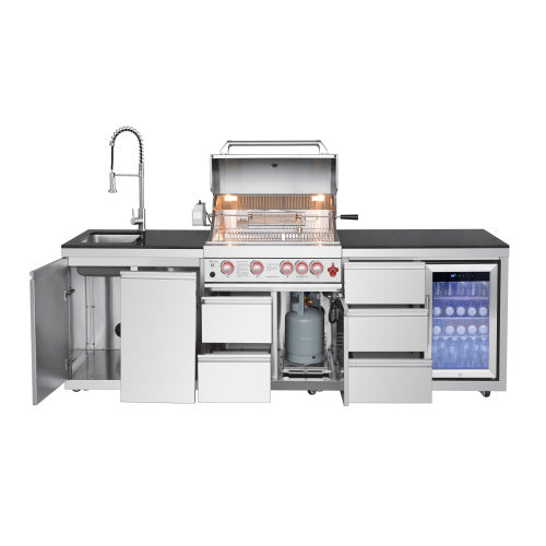 Outdoor Kitchen Island 102.4 Inch 4 Burner Propane Gas BBQ Grill 59500 BTU 304 Stainless Steel Silver Color With CSA, ETL Certification + Sink + Refrigerator