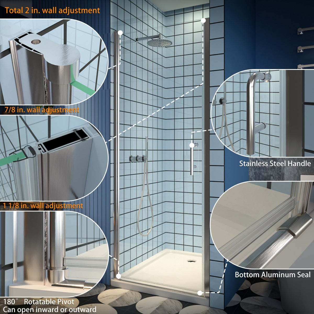 Classy 32-34" W x 72" H Pivot Shower Door Semi-Frameless Hinged In Nickel Install Glass Shower Door - ExBriteUSA