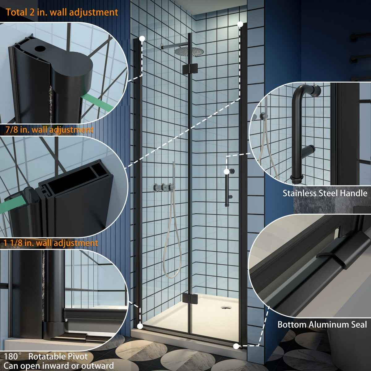 Exbrite Adapt Bifold Shower Door 34-36 in.W x 72 in.H Pivot Swing Shower Doors,Matte Black,Clear Tempered Glass