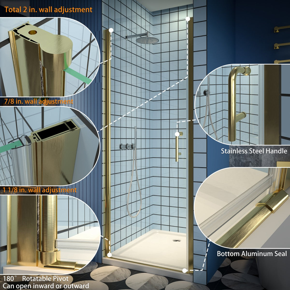 Classy 34-36"x72" Frameless Shower Door in Brush Gold,Water Repellent Glass with Seal Strip Parts and Handle,6mm Glass Shower Door - ExBriteUSA