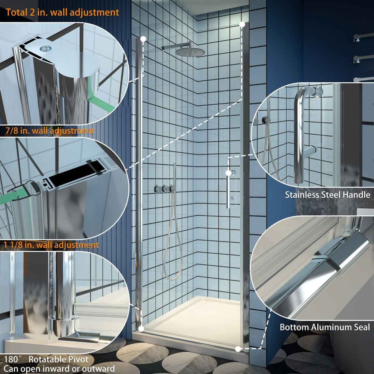 Classy 32-34" W x 72" H Pivot Shower Door Semi-Frameless Hinged in Chrome Install Glass Shower Door