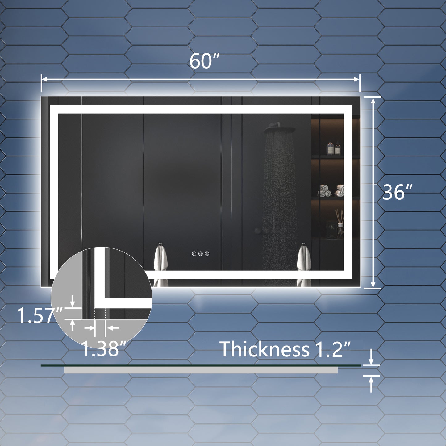 Apex-T 60" W x 36" H Lighted Bathroom Large Light Led Mirror,Anti Fog,Dimmable,Three Lighting Modes
