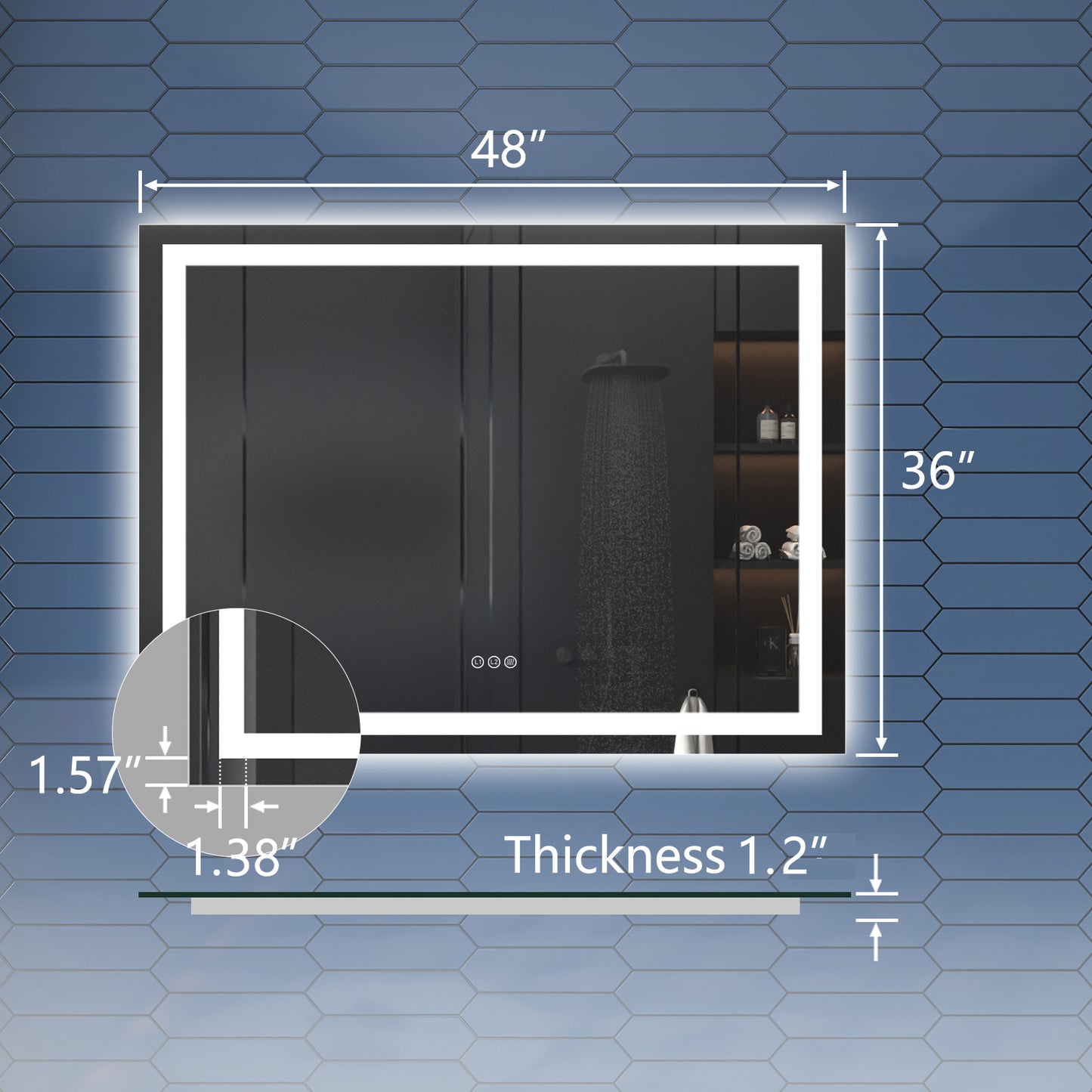 Apex-T 48" W x 36" H Lighted Bathroom Large Light Led Mirror,Anti Fog,Dimmable,Three Lighting Modes