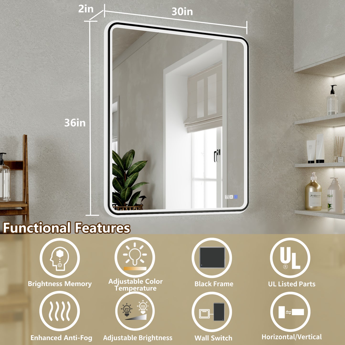 Lumina 30" W x 36" H LED Lighted Bathroom Mirror,High Illuminate, Inner & Outer Lighting,Anti-Fog, Dimmable,Black Frame with Rounded Corners