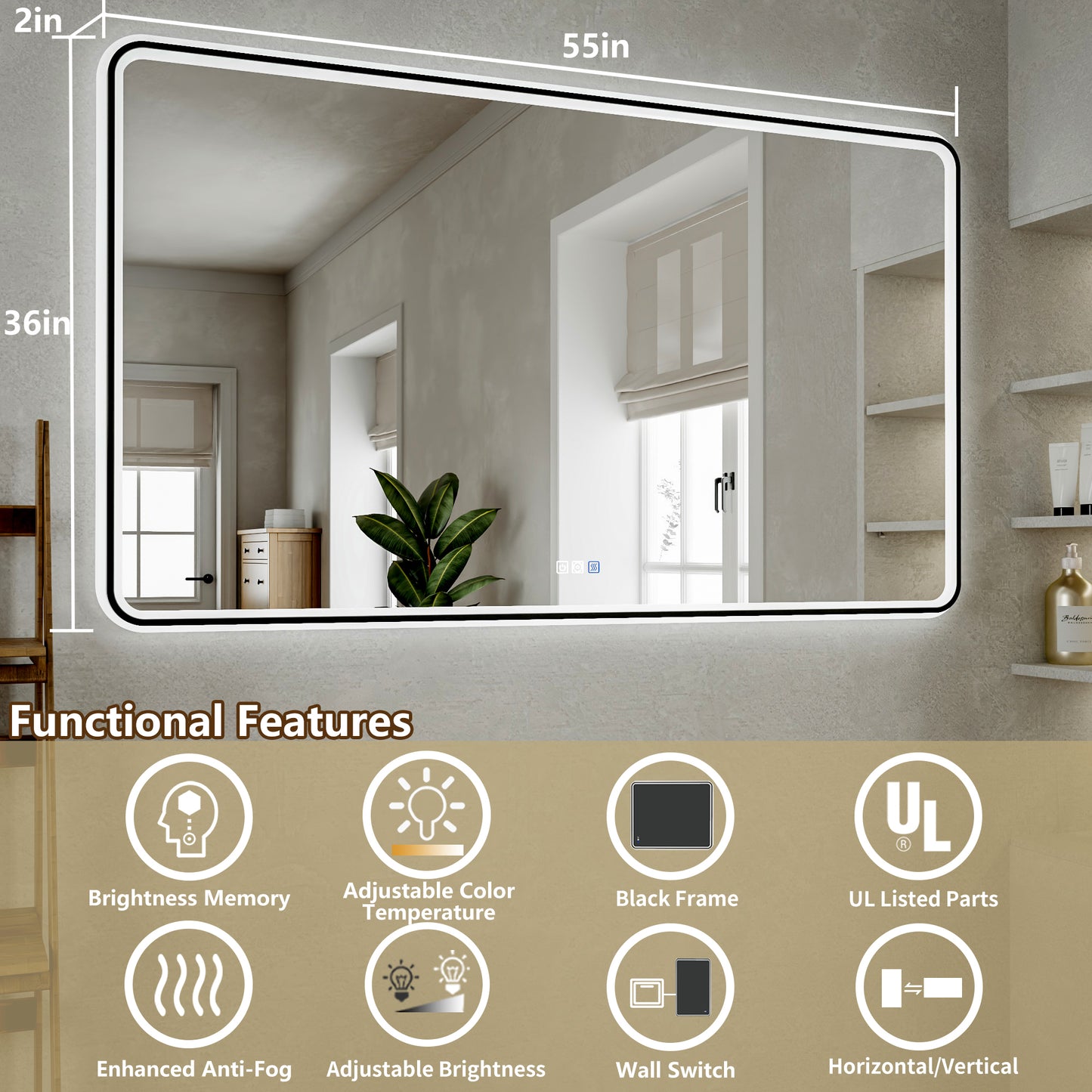 Lumina 55" W x 36" H LED Lighted Bathroom Mirror,High Illuminate,Inner and Outer Lighting,Anti-Fog,Dimmable,Black Frame with Rounded Corners