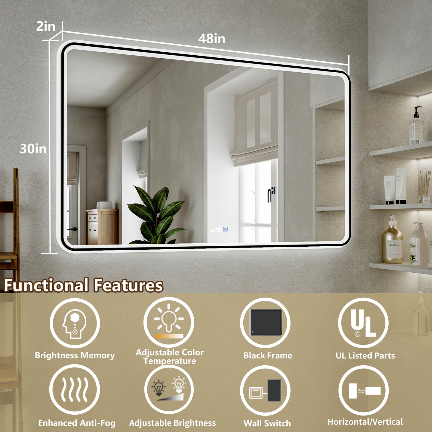 Lumina 48" W x 30" H LED Lighted Bathroom Mirror,High Illuminate, Inner & Outer Lighting,Anti-Fog, Dimmable,Black Frame with Rounded Corners
