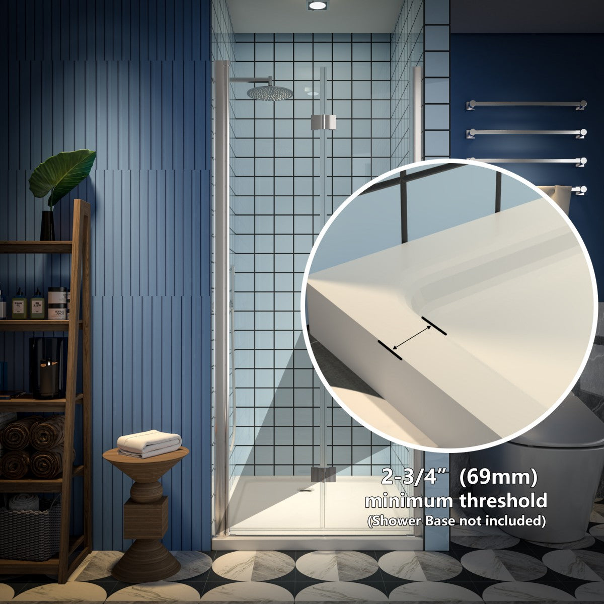 Exbrite Adapt Bifold Shower Door 32-34 in.W x 72 in.H, Brushed Nickel, Tempered Glass, showing modern design and space-saving pivot swing door in a bathroom setting.