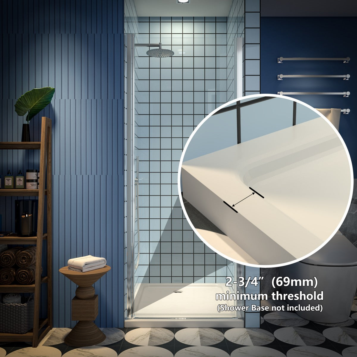 Classy semi-frameless chrome hinged shower door with handle, 30-32" W x 72" H; modern bathroom design.