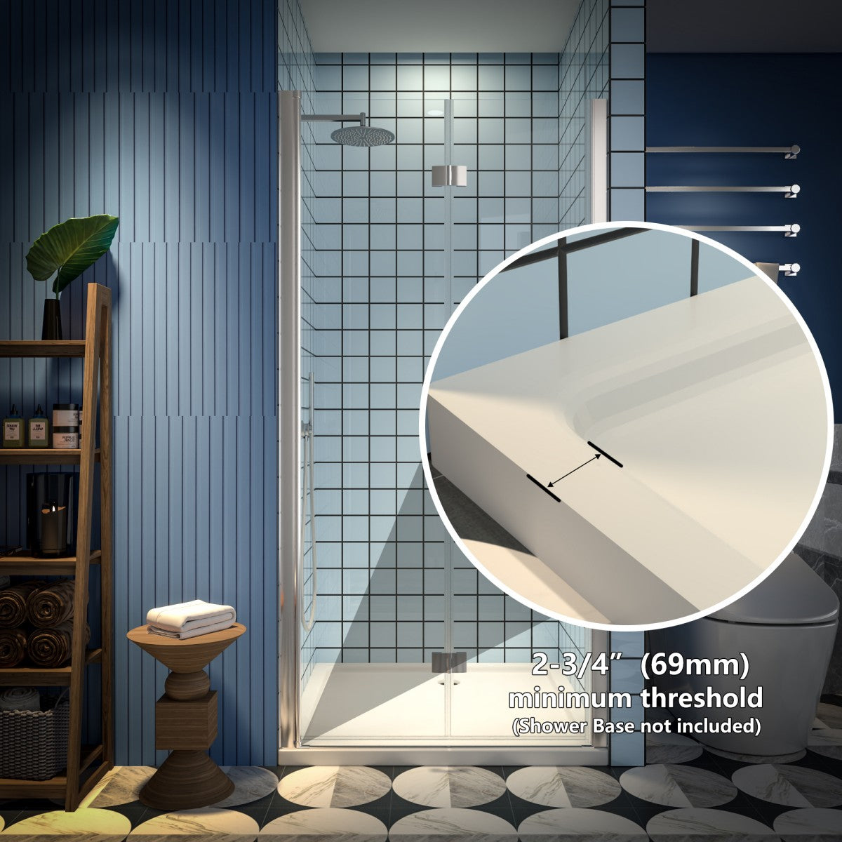 Exbrite Adapt Bifold Shower Door, brushed nickel, clear tempered glass, pivot mechanism, modern bathroom design.