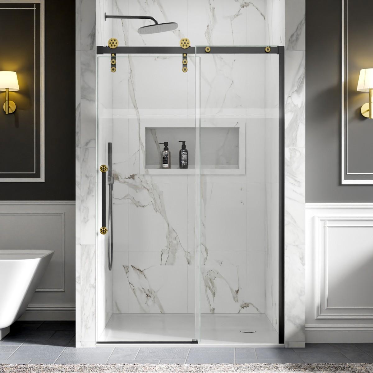44-48" x 76" Frameless Shower Sliding Door Black Gold Easy Clean Fixed Glass Left ExBrite Elysian-S Series