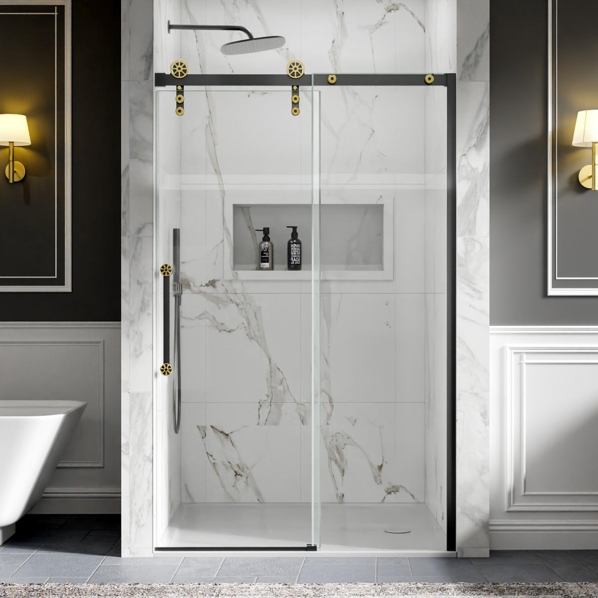 44-48" x 76" Frameless Sliding Shower door,Black Gold,Easy clean,Fixed Glass Left|ExBrite Elysian-F Series