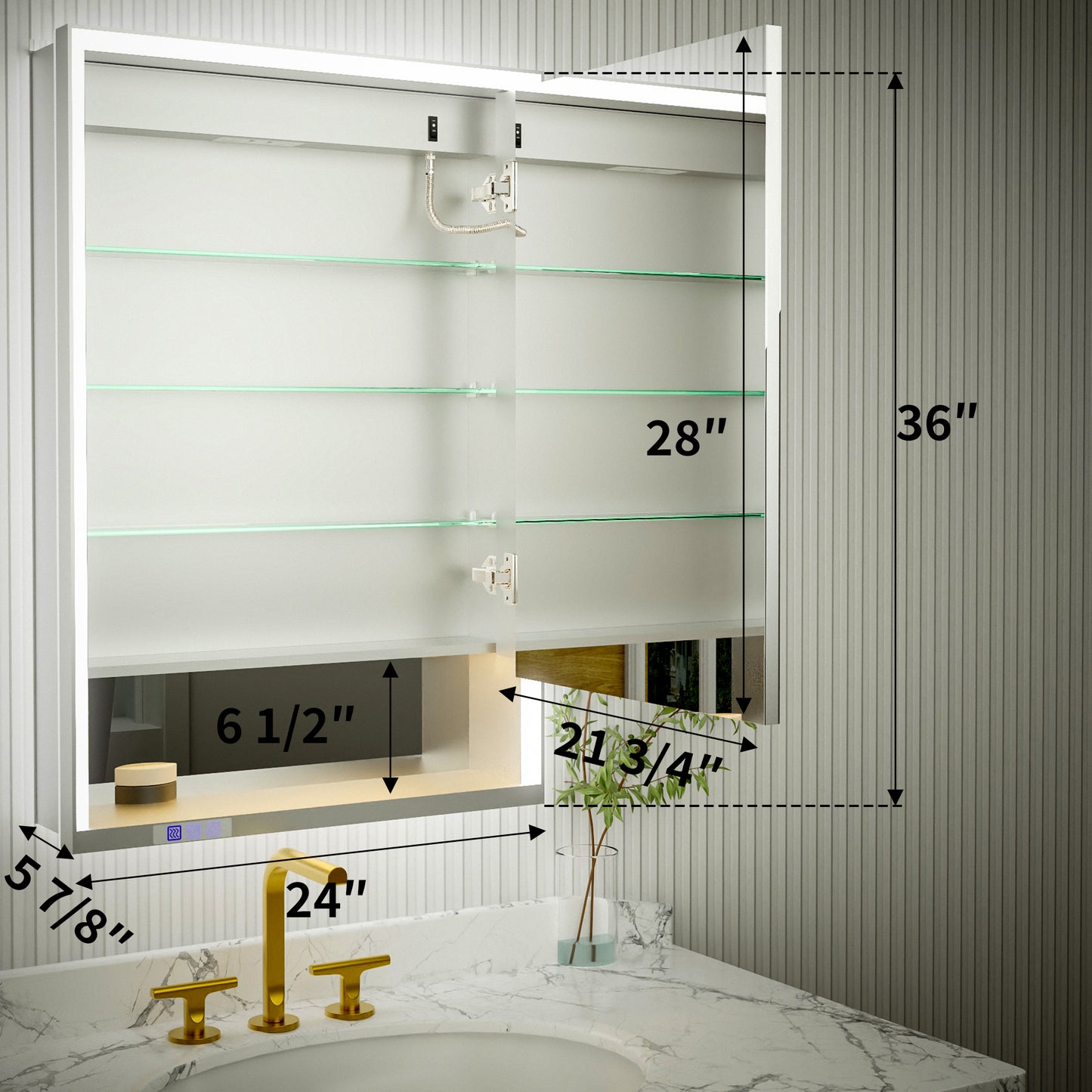 Ample 24" W x 36" H LED Lighted Chrome Medicine Cabinet with Mirror and Shelves for Bathroom Recessed or Surface Mount, Right Hinge