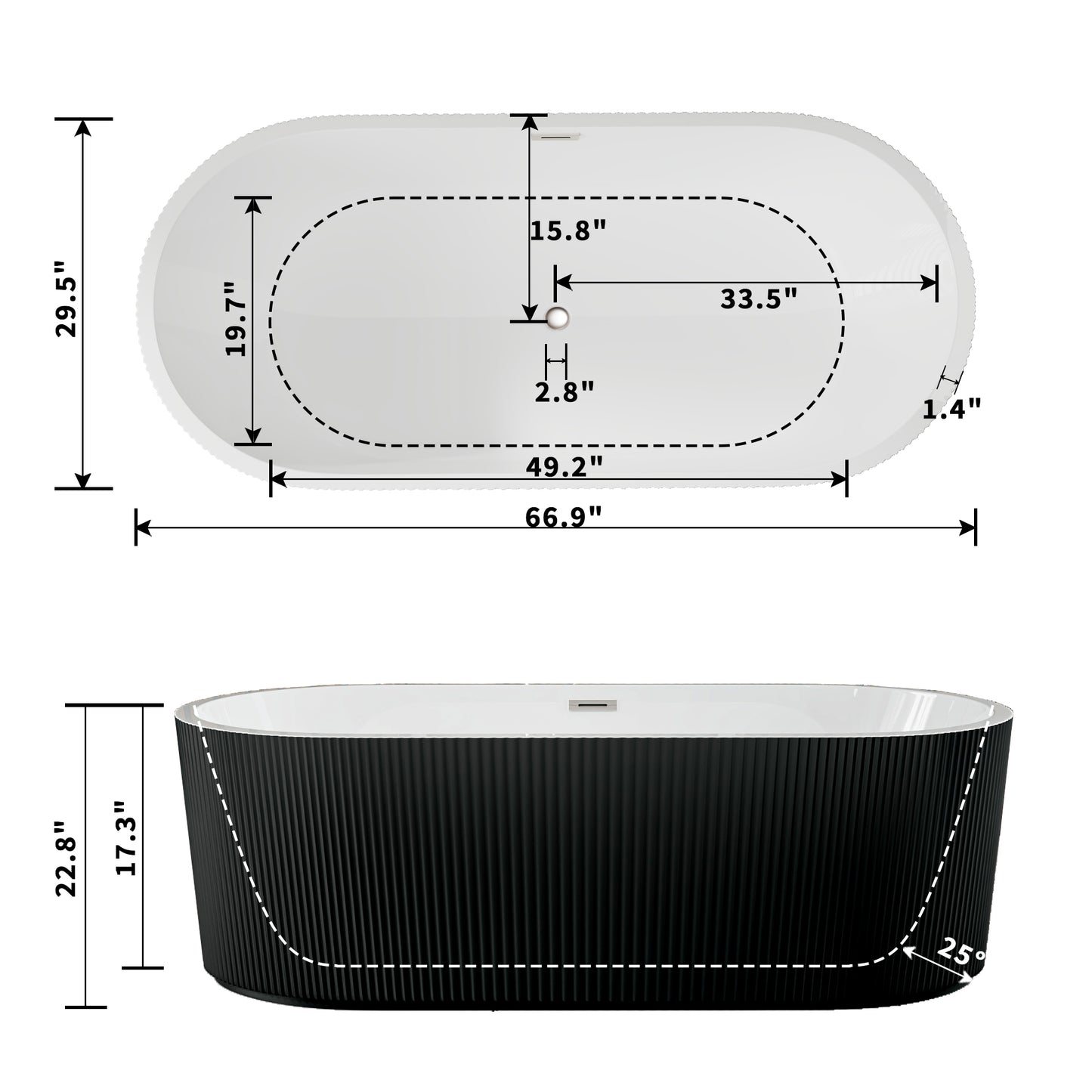 WSP-NK Exbrite 67' Acrylic Freestanding Bathtub, Unique Pleated Design, Glossy Black, Brushed Nickel Overflow and Pop-Up Drain, cUPC Certified