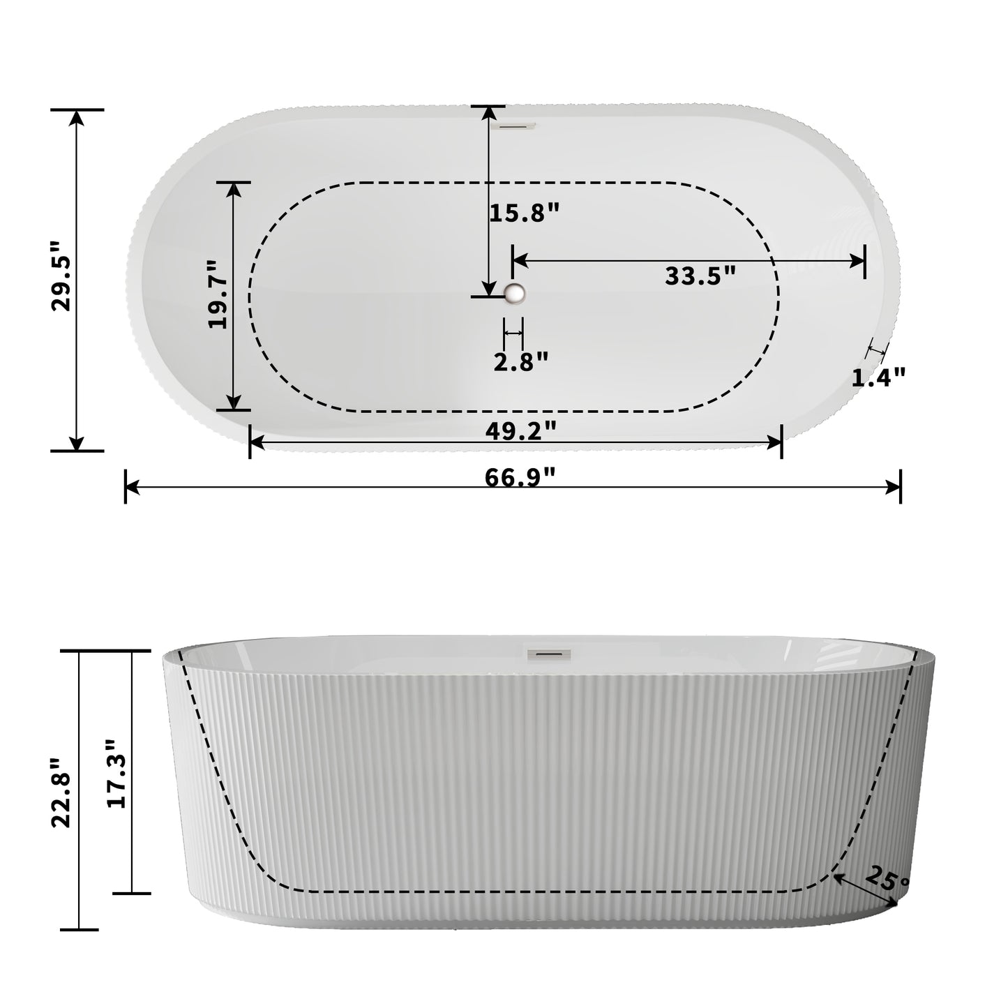 WSP-NK Exbrite 67' Acrylic Freestanding Bathtub, Unique Pleated Design, Glossy White, Brushed Nickel Overflow and Pop-Up Drain, cUPC Certified
