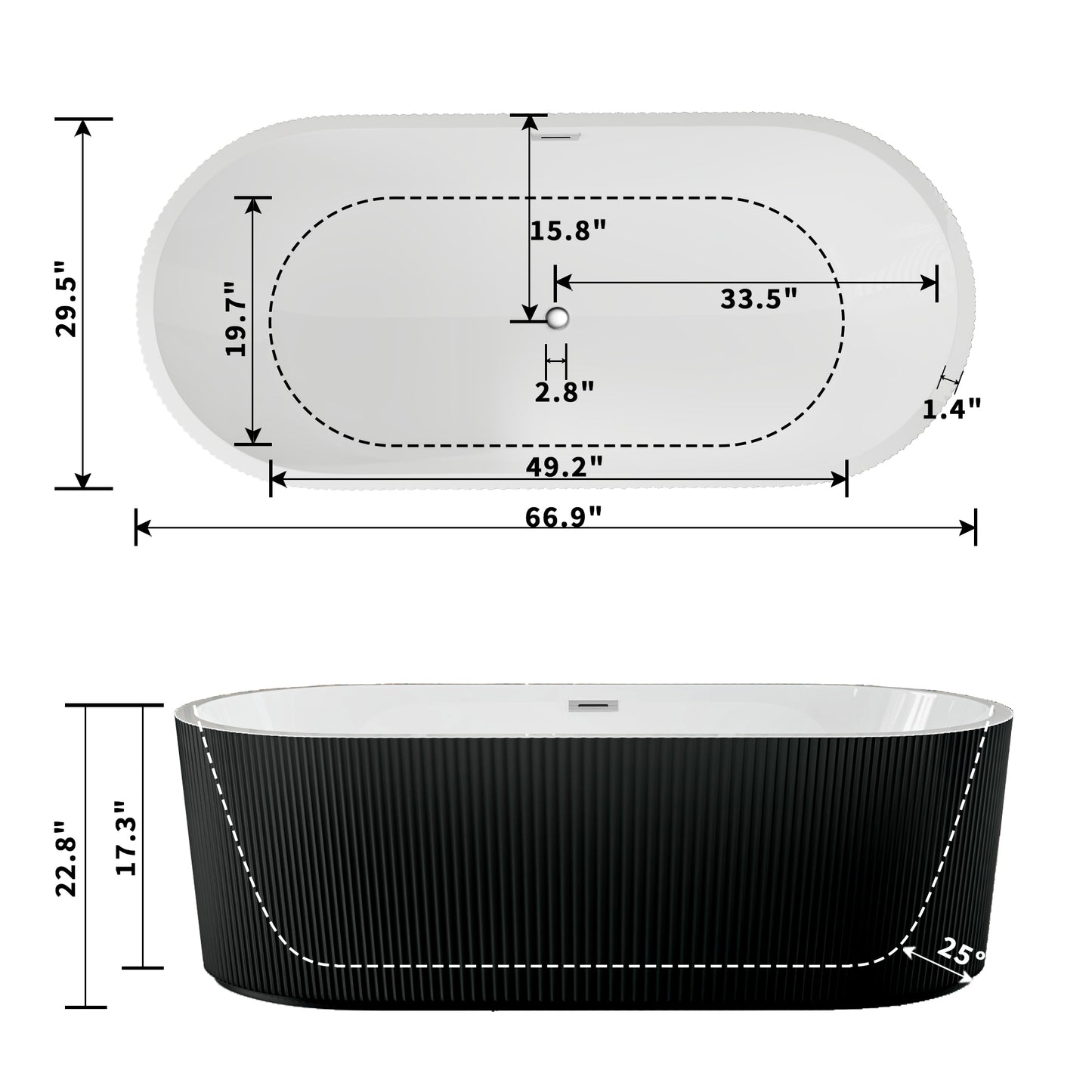 WSP-CH Exbrite 67' Acrylic Freestanding Bathtub, Unique Pleated Design, Glossy Black, Chrome Overflow and Pop-Up Drain, cUPC Certified