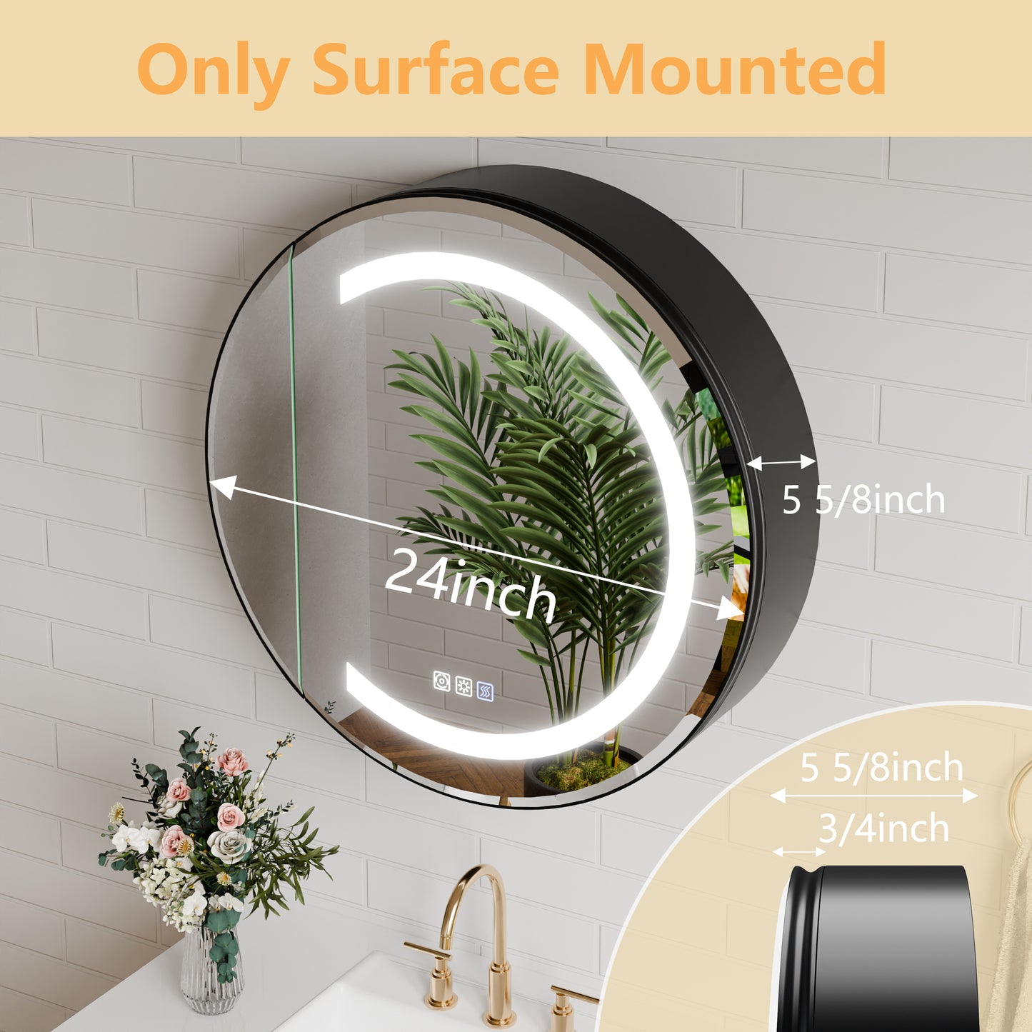 Hola 24" Round LED Medicine Cabinet – Black Frame, Anti-Fog, Dimmable Lighting, Surface Mount - ExBriteUSA