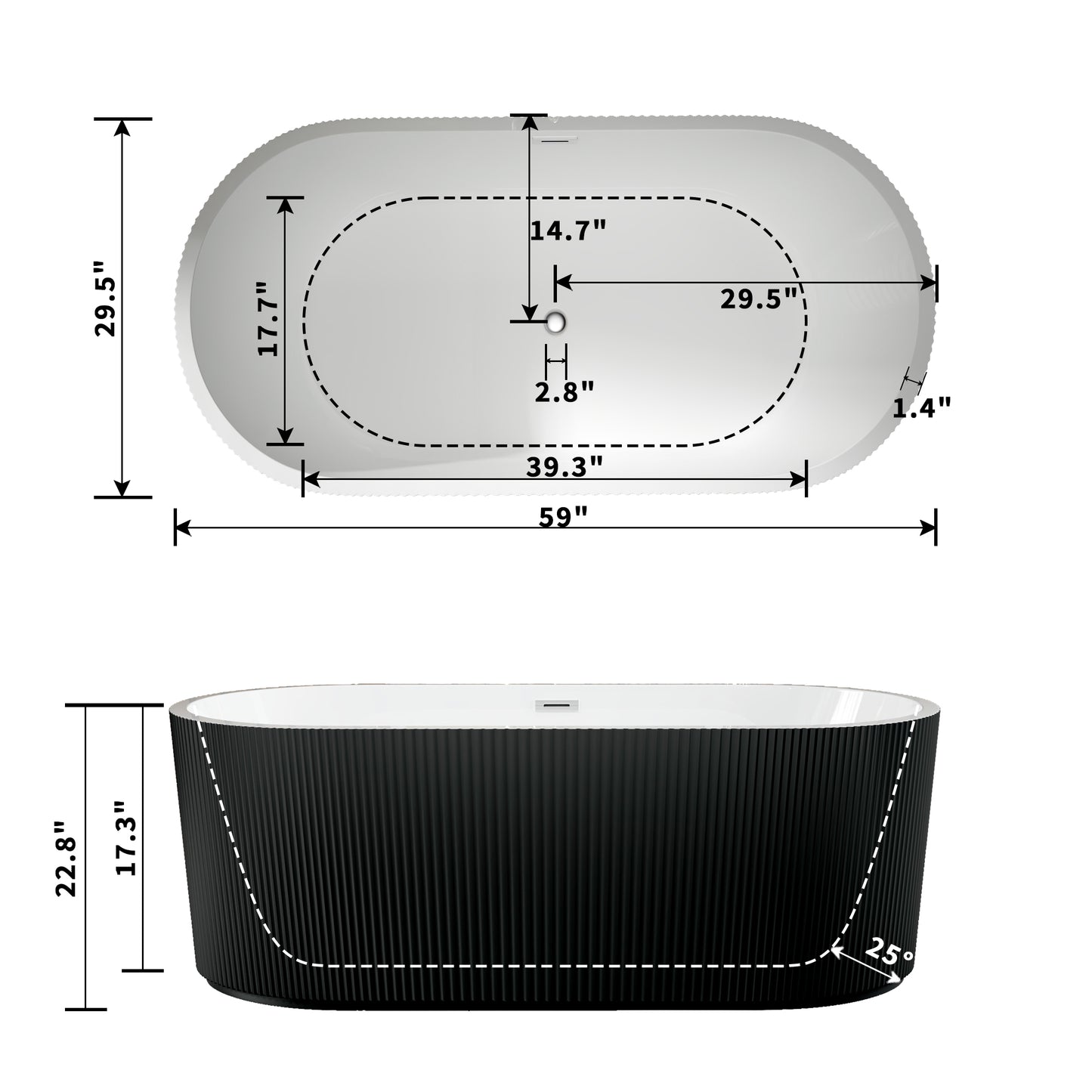 WSP-CH Exbrite 59' Acrylic Freestanding Bathtub, Unique Pleated Design, Glossy black, Chrome Overflow and Pop-Up Drain, cUPC Certified