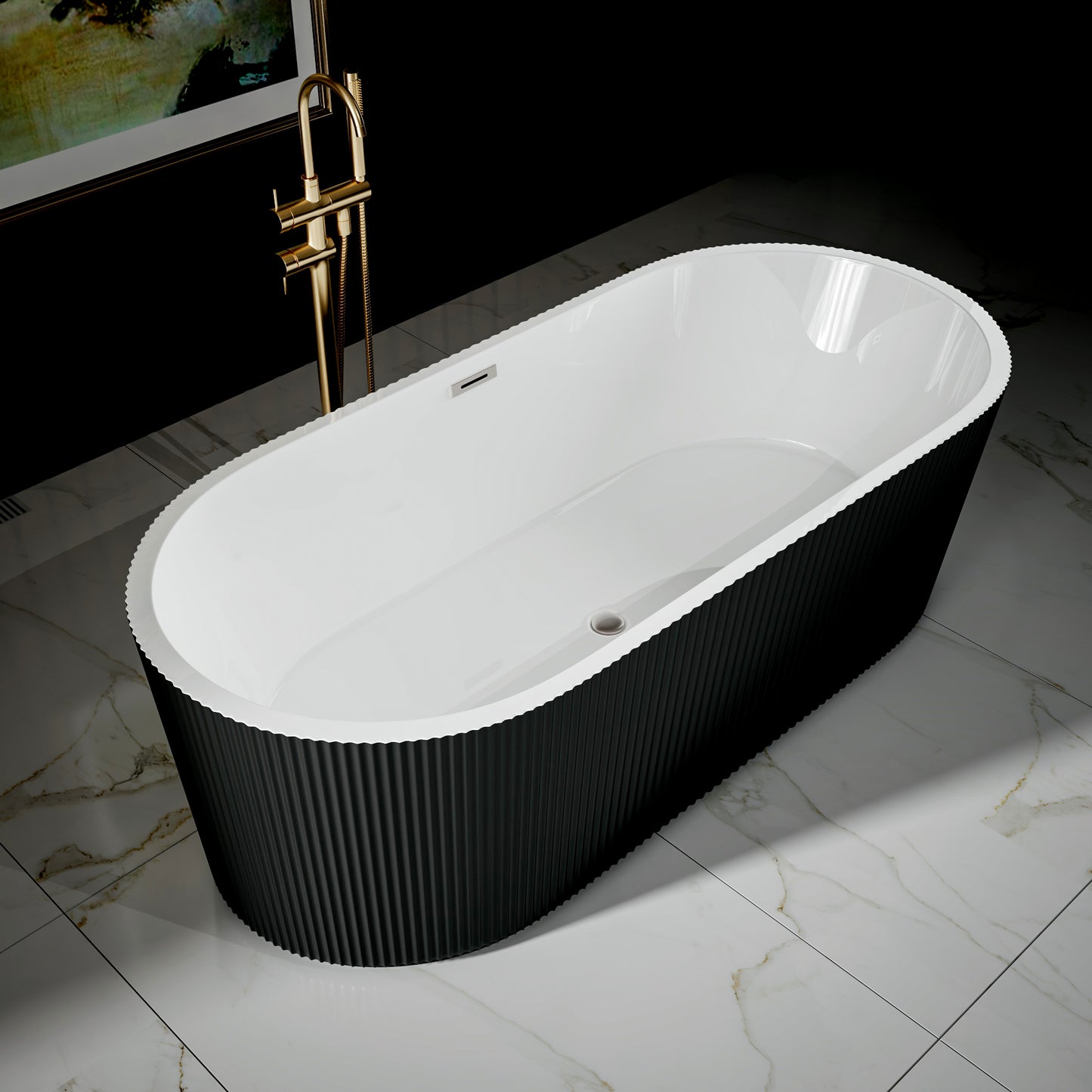 WSP-NK Exbrite 67' Acrylic Freestanding Bathtub, Unique Pleated Design, Glossy Black, Brushed Nickel Overflow and Pop-Up Drain, cUPC Certified