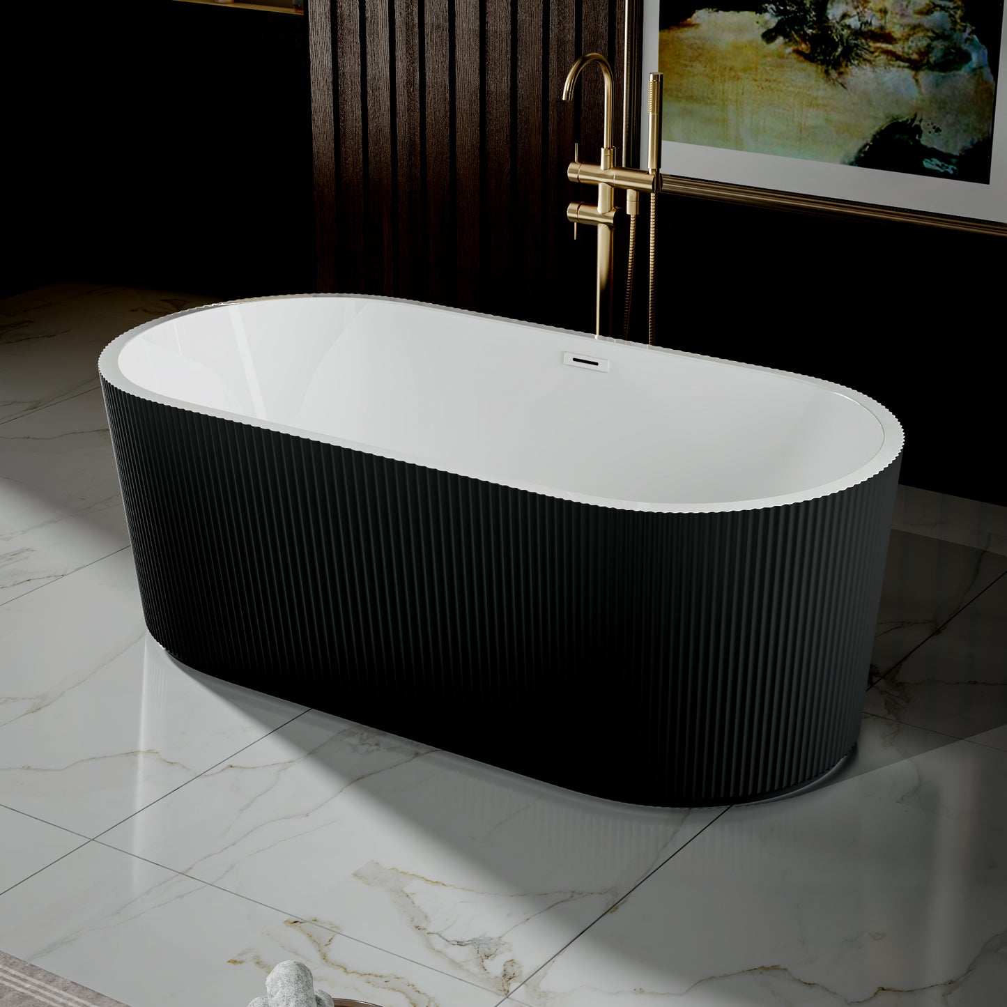 WSP-CH Exbrite 59' Acrylic Freestanding Bathtub, Unique Pleated Design, Glossy black, Chrome Overflow and Pop-Up Drain, cUPC Certified
