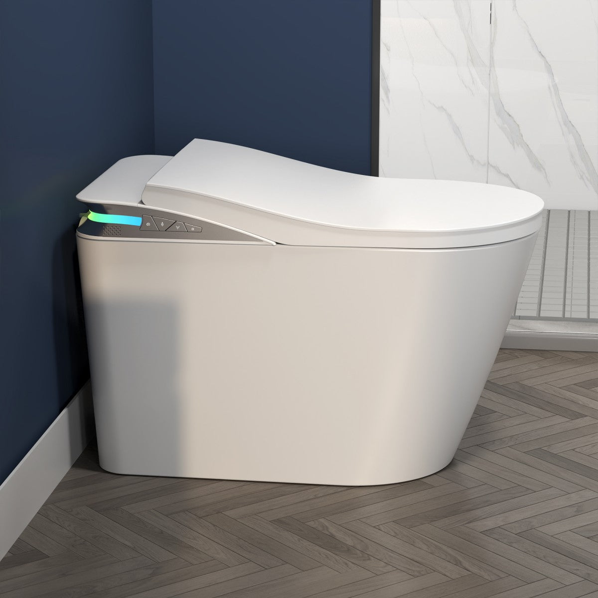 Exbrite Smart Toilet With Foot Sensing Open Cover & Seat, Buttons Control, Night Light, Leakage Protection, Side Knob With Multiple Controls, Remote Control, Auto Flushing, White Screen