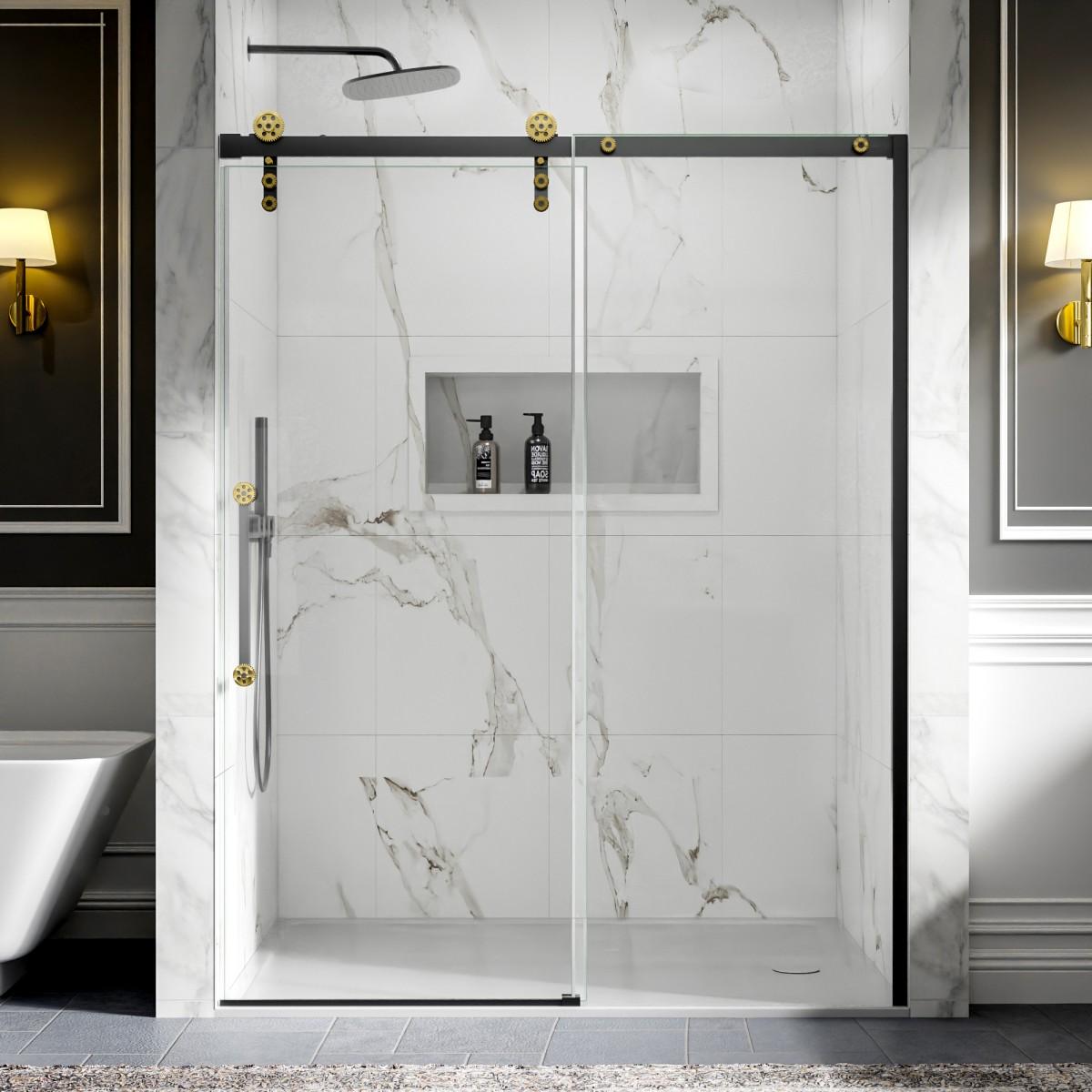 56-60" x 76" Black Gold Frameless Showers Door - Easy Clean Fixed Glass Left | ExBrite Elysian-S Series