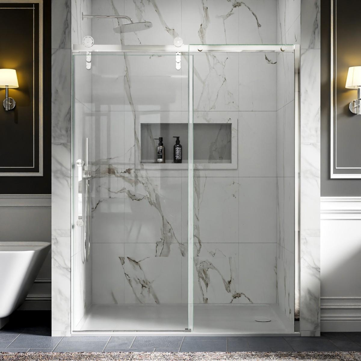 56-60" x 76" Frameless Sliding Shower Door Chrome - Easy Clean Fixed Glass Left | ExBrite Elysian-S Series