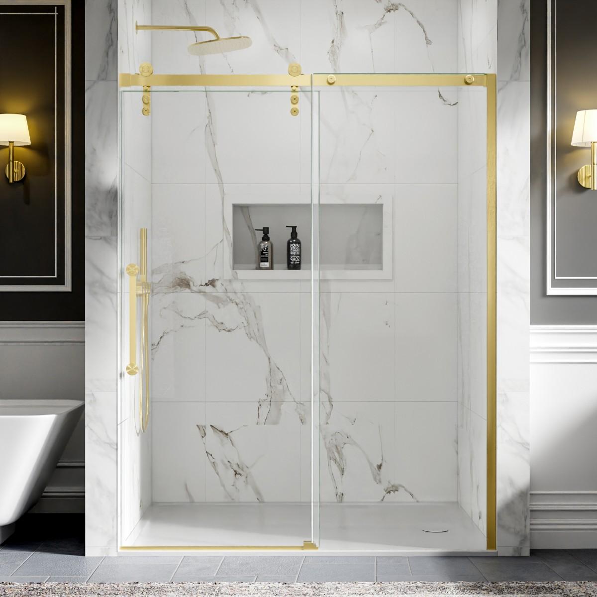 56-60" x 76" Frameless Sliding Shower door,Brushed Gold,Easy clean,Fixed Glass Left|ExBrite Elysian-R Series
