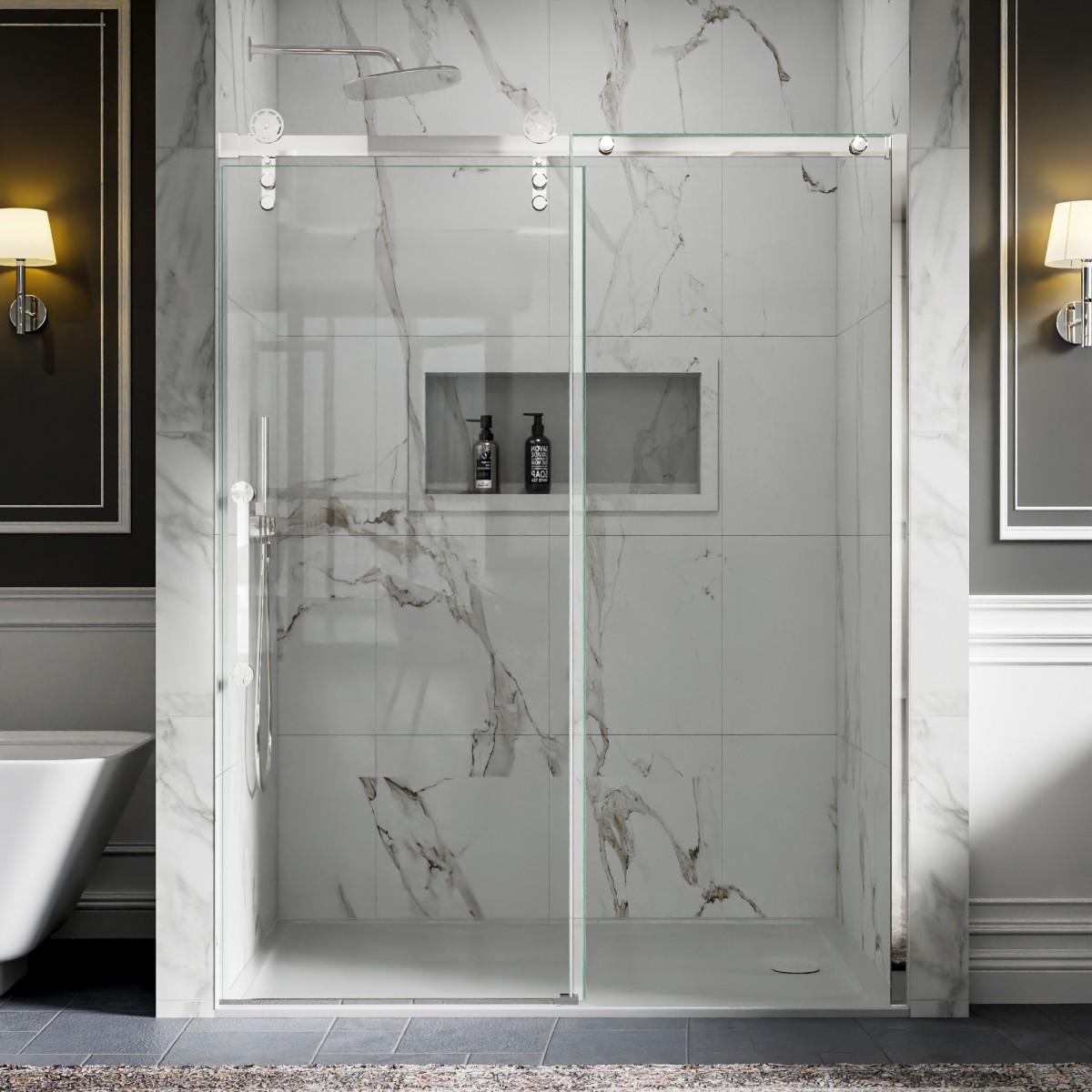 56-60" x 76" Frameless Sliding Shower Glass Sliding Doors, Chrome, Easy Clean, Fixed Glass Left | ExBrite Elysian-F Series