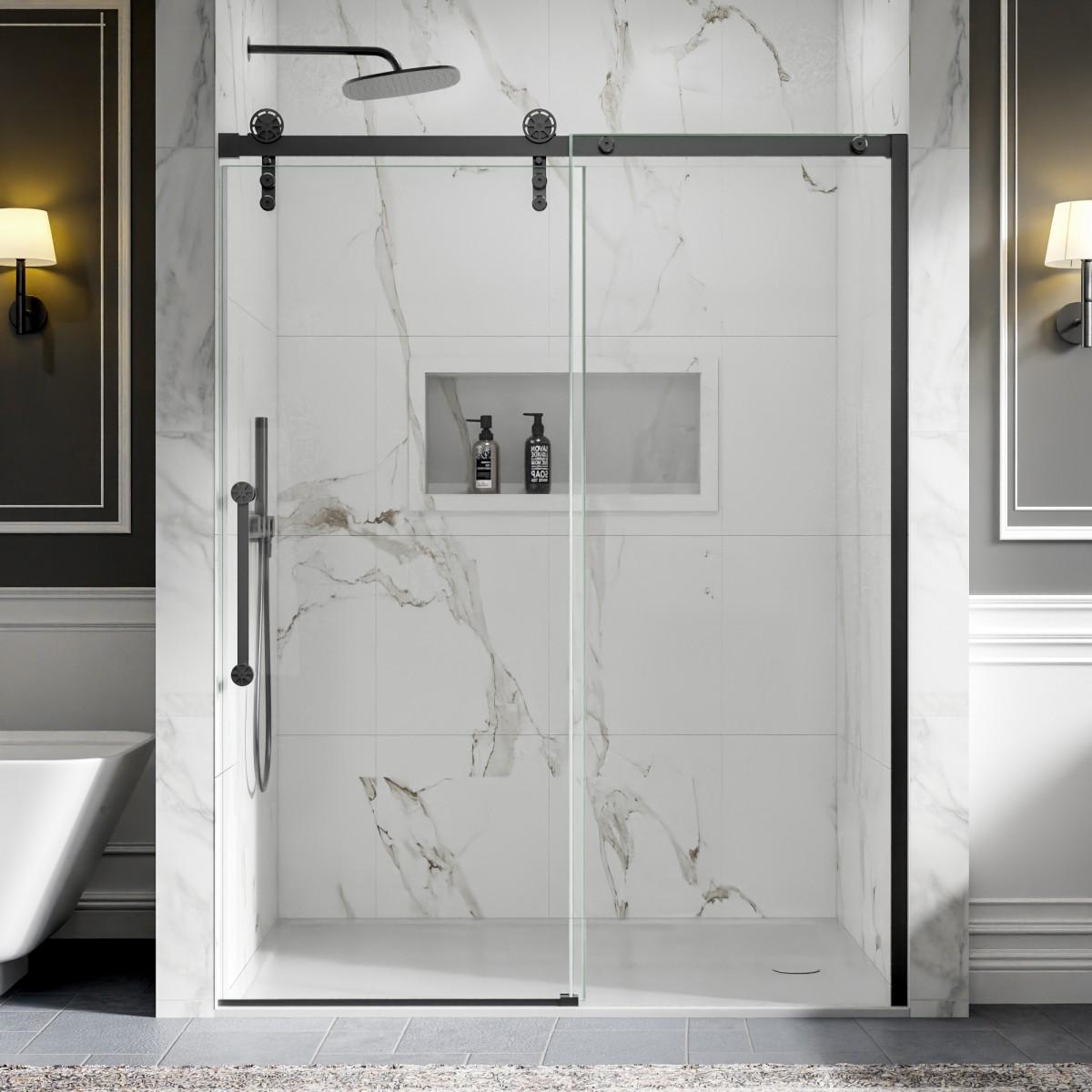 56-60" x 76" Sliding Glass Shower Doors Frameless, Matte Black, Easy Clean Fixed Glass Left | ExBrite Elysian-F Series