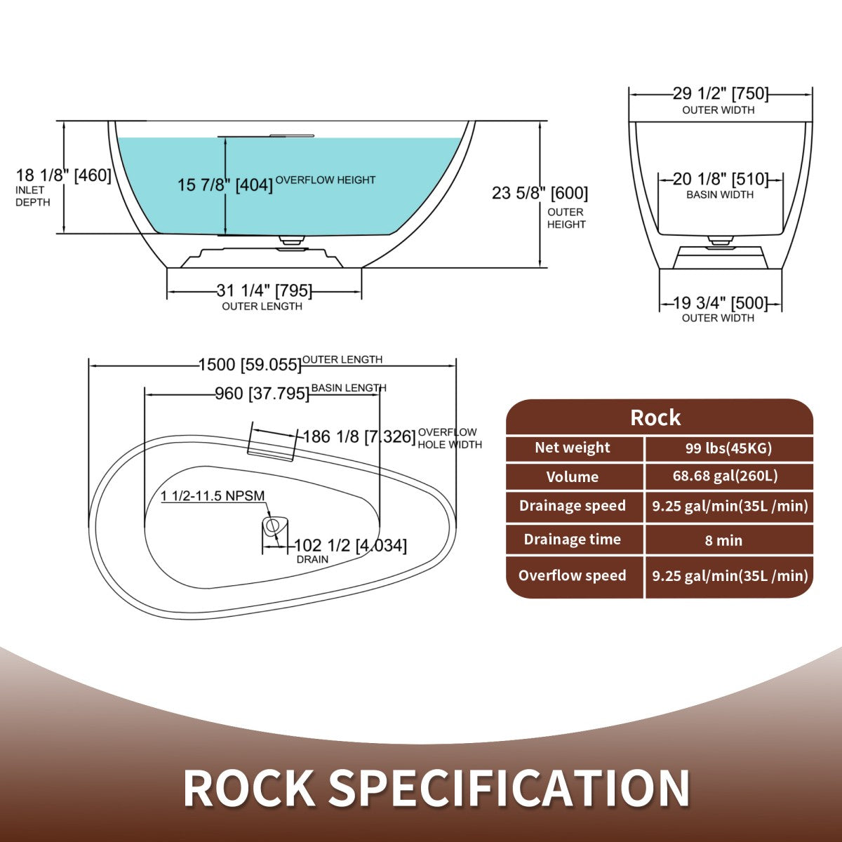 Allsumhome RockE 59" Imitation Natural Stone Freestanding Bathtub,Stone Touch,White,Scratch-proof,cUPC Certified,No Drain - ExBriteUSA