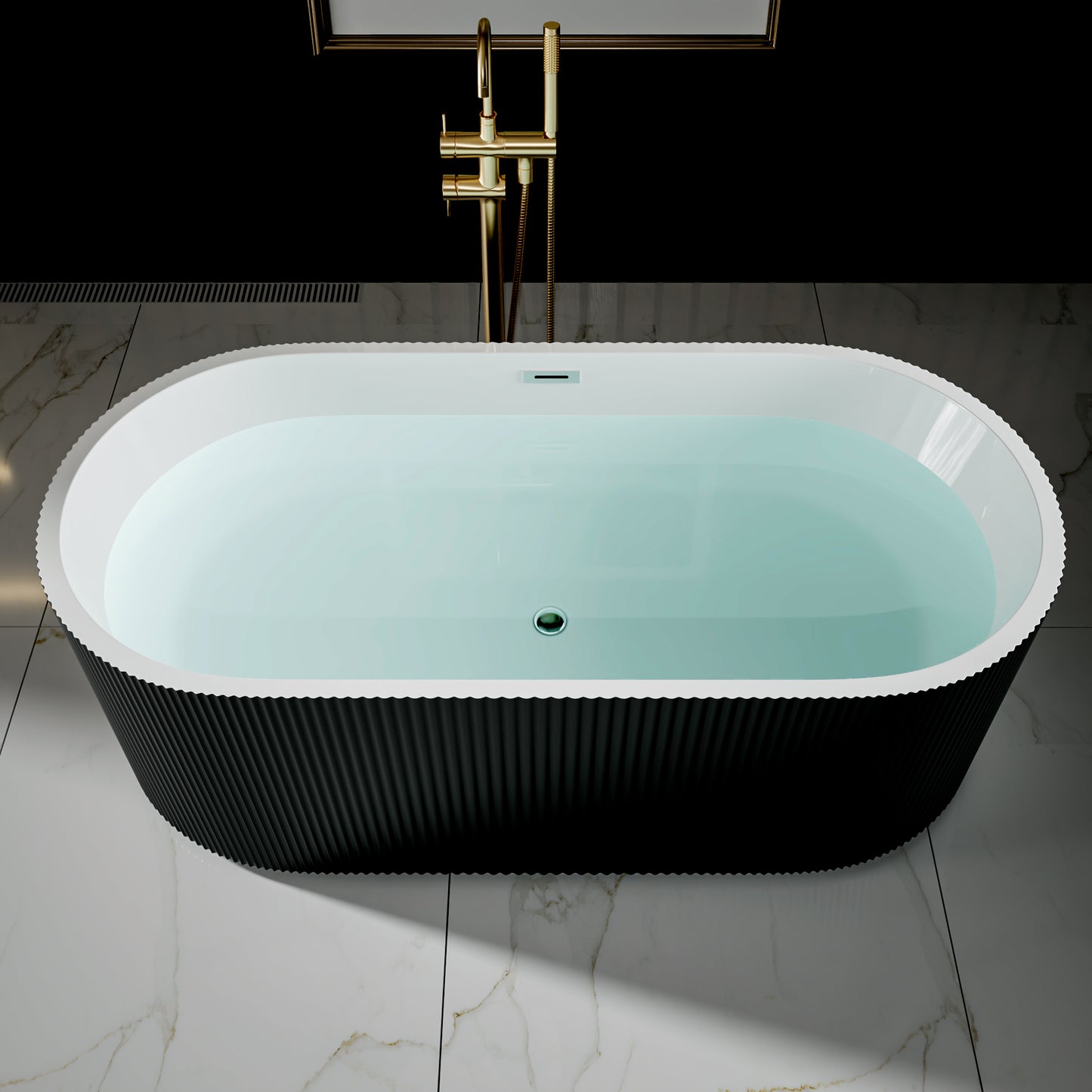 WSP-CH Exbrite 59' Acrylic Freestanding Bathtub, Unique Pleated Design, Glossy black, Chrome Overflow and Pop-Up Drain, cUPC Certified