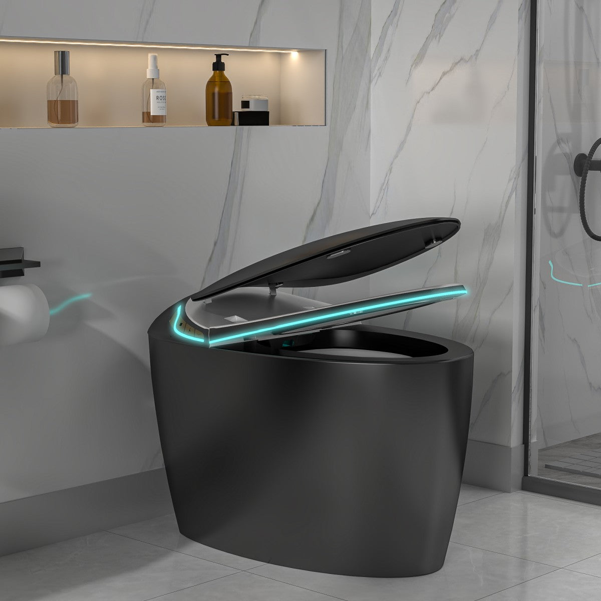 EP Exbrite Unique Smart Toilet with Bidet Built In, Intelligent One Piece Toilet For Modern Bathroom, Auto Open/Close Seat, Foot Sensor, LED Display,Night Light, Warm Water & Dryer, Black