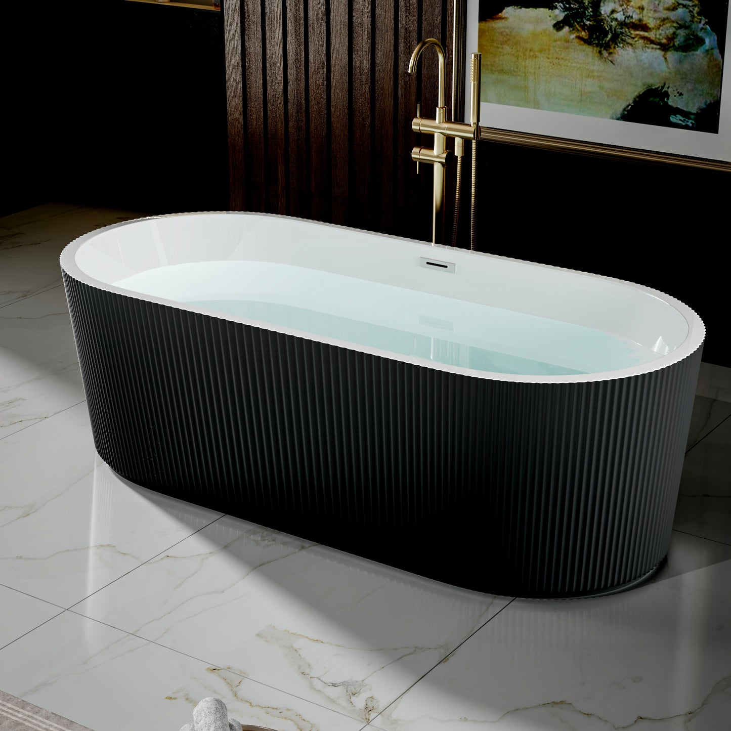 WSP-NK Exbrite 67' Acrylic Freestanding Bathtub, Unique Pleated Design, Glossy Black, Brushed Nickel Overflow and Pop-Up Drain, cUPC Certified