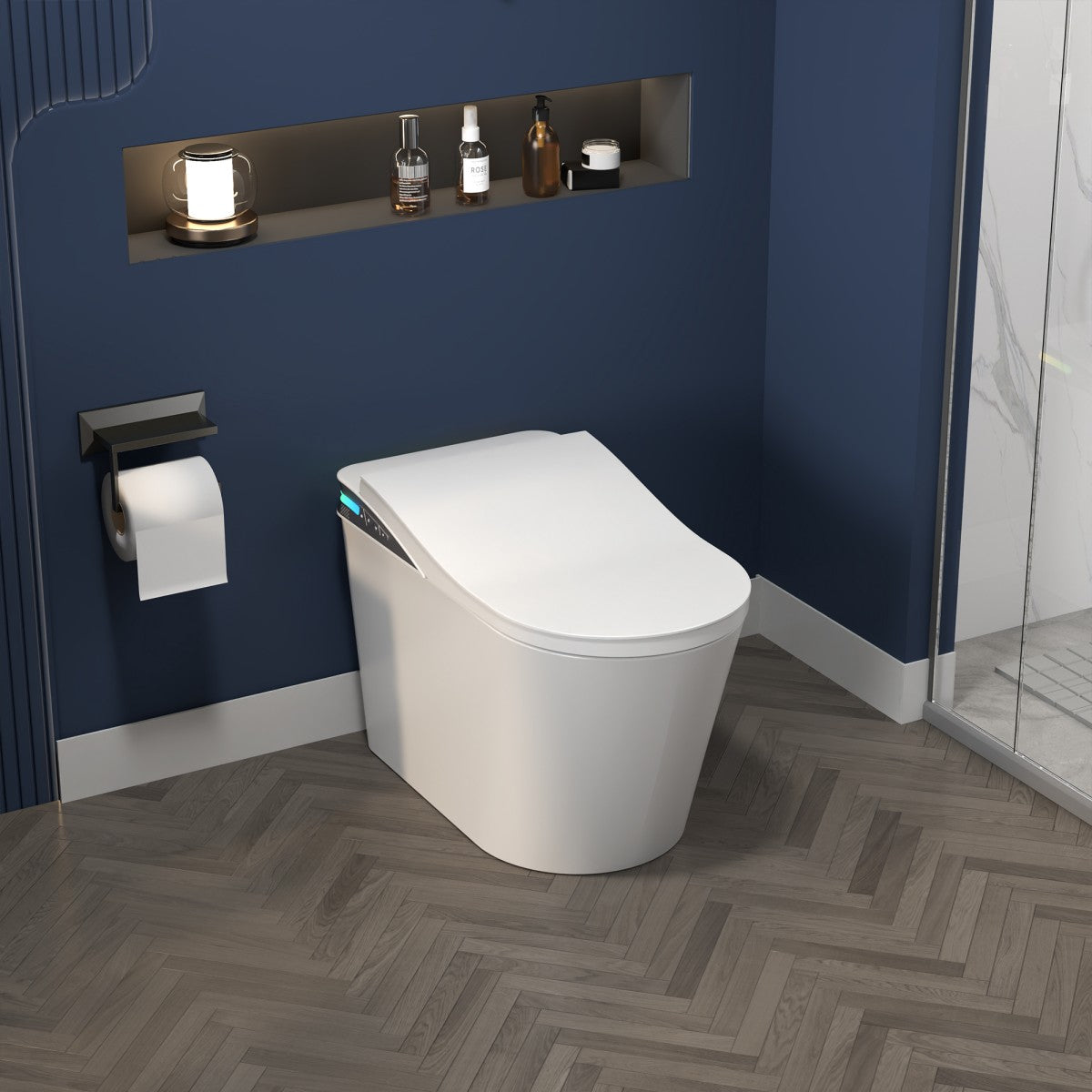 Exbrite Smart Toilet With Foot Sensing Open Cover & Seat, Buttons Control, Night Light, Leakage Protection, Side Knob With Multiple Controls, Remote Control, Auto Flushing, White Screen - ExBriteUSA