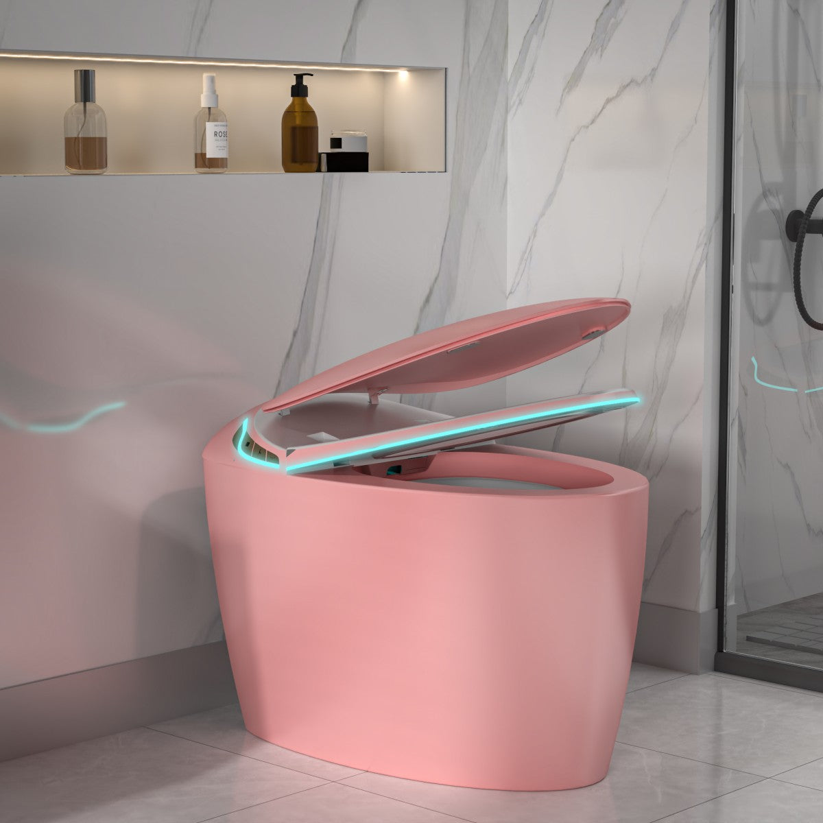 EP Exbrite Unique Smart Toilet with Bidet Built In, Intelligent One Piece Toilet For Modern Bathroom, Auto Open/Close Seat, Foot Sensor, LED Display,Night Light, Warm Water & Dryer,Pink