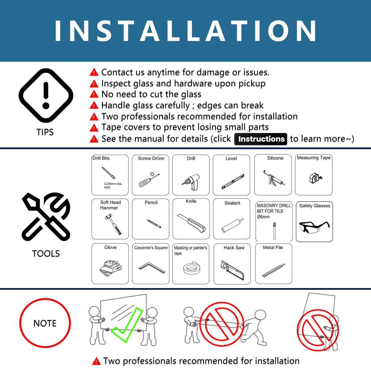 Installation guide for Classy 24-26" W x 72" H Small Shower Door, featuring safety tips and recommended tools.