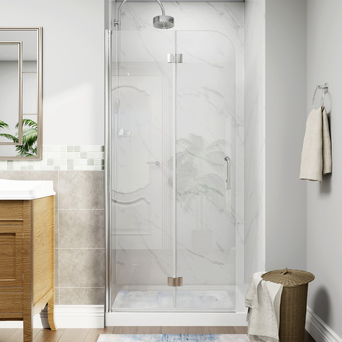 Adapt-E 30in.W x 72 in.H Bifold Frameless Folding Glass Shower Doors,C –  ExBriteUSA, image size:1200x1200
