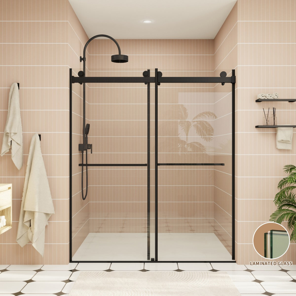ExRoll-PL Allsumhome 56"-60"W x 70"H Frameless Double Sliding Shower Door,8mm Laminated Glass,Shatterproof,Noise-proof,UV-proof,Tempered Glass Shower Enclosure,Matte Black,Buffer