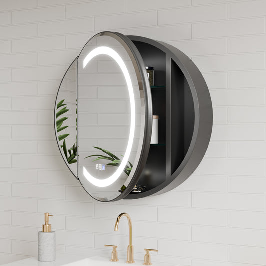 Hola 24" Round LED Medicine Cabinet – Black Frame, Anti-Fog, Dimmable Lighting, Surface Mount - ExBriteUSA