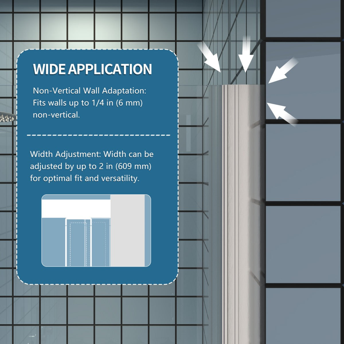 Exbrite Adapt Bifold Shower Door with adjustable width; brushed nickel and tempered glass design.