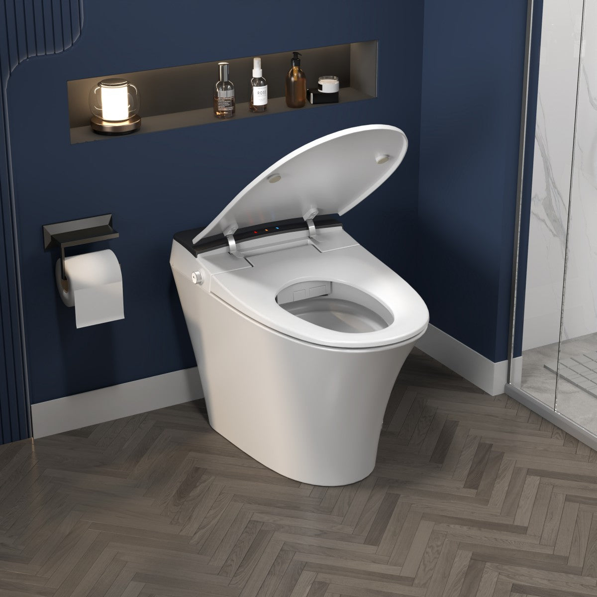 Exbrite Heated Seat Smart Toilet, One Piece Toilet, Automatic Flush Tankless Toilet without Bidet, with Foot sensor Flush, Blue Night Light, Knob Control, Power Outage Flushing, Soft Close Cover,White