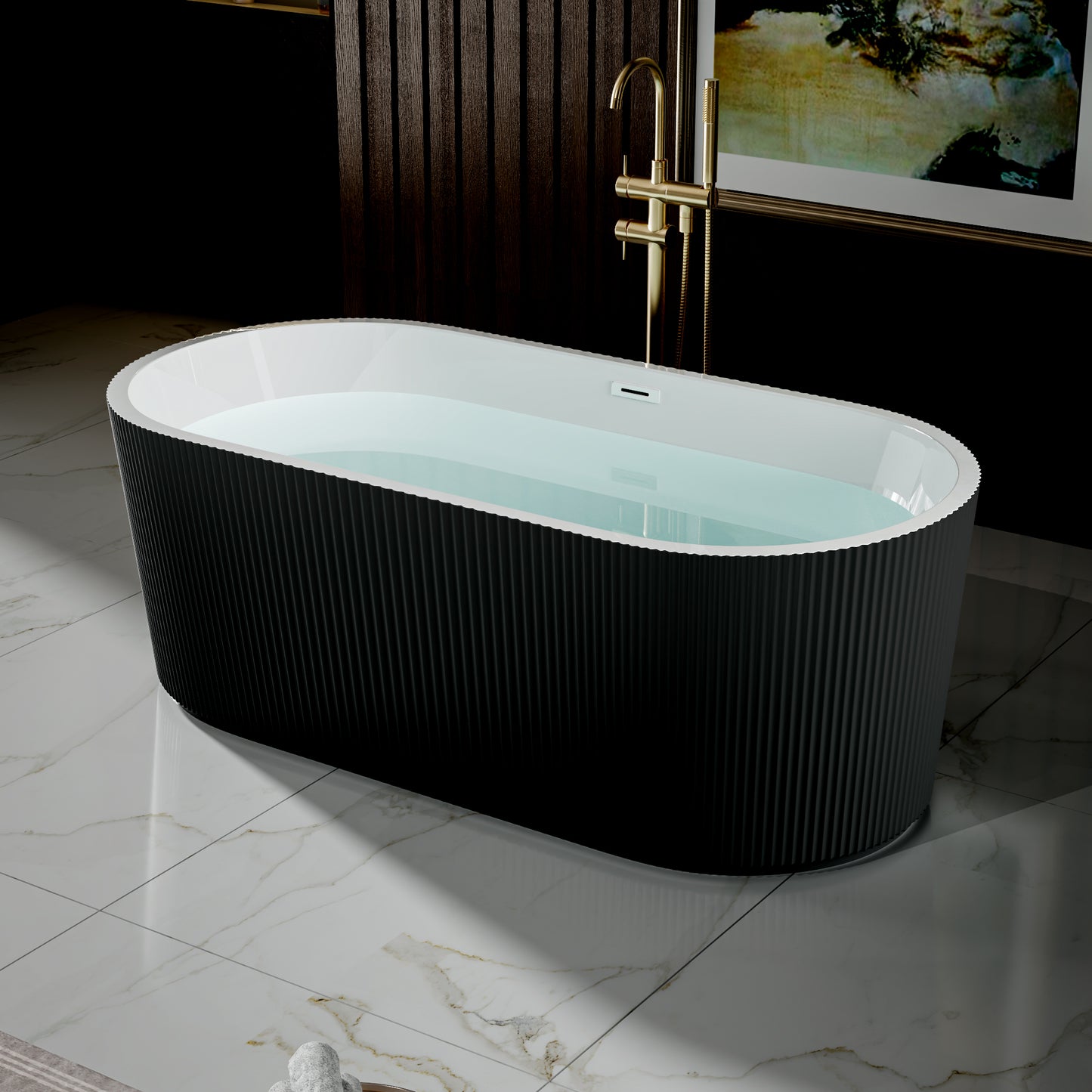 WSP-CH Exbrite 59' Acrylic Freestanding Bathtub, Unique Pleated Design, Glossy black, Chrome Overflow and Pop-Up Drain, cUPC Certified